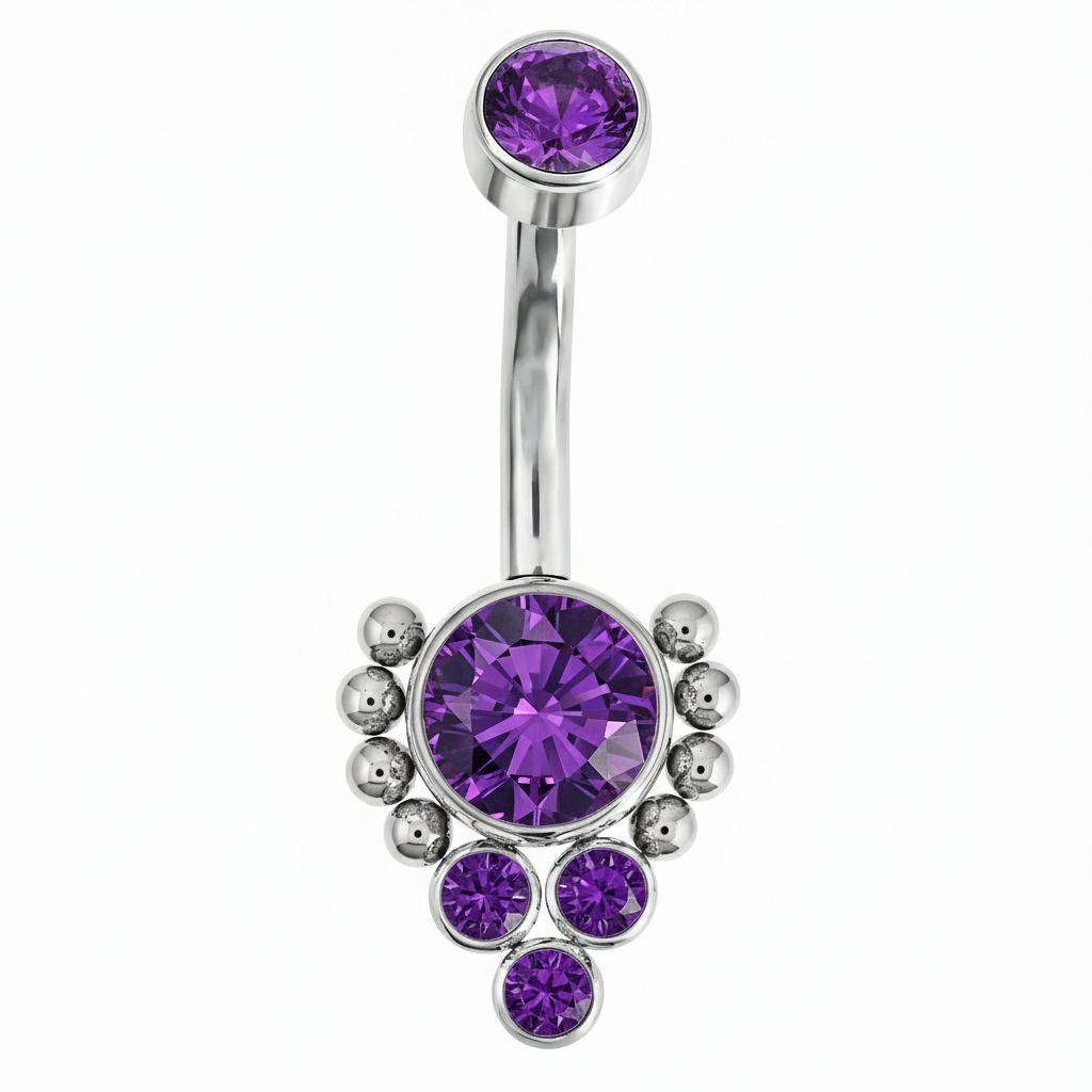 Banana Triangolare con Zirconi e 8 beads in Titanio ASTM F136 — Colore: Naturale, Spessore x Lunghezza: 1.6 x 10 mm, Pietra: Viola