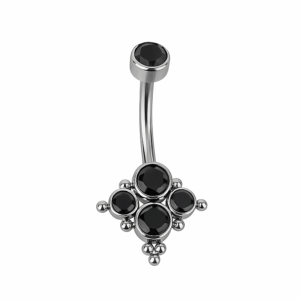 Banana di Titanio ASTM F136 con Rombo di Zirconi e Beads — Colore: Naturale, Pietra: Nero, Misura: 1.6x10