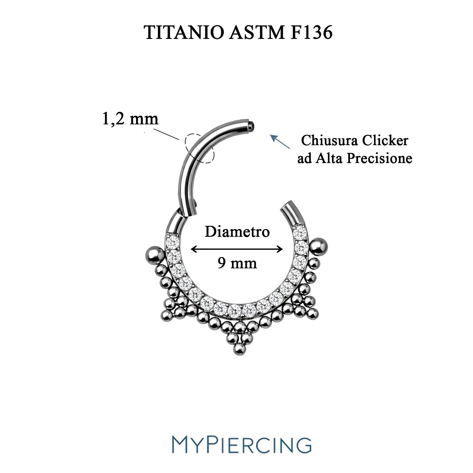 Anello Clicker di Titanio ASTM F136 con Piramide Beads e Zirconi