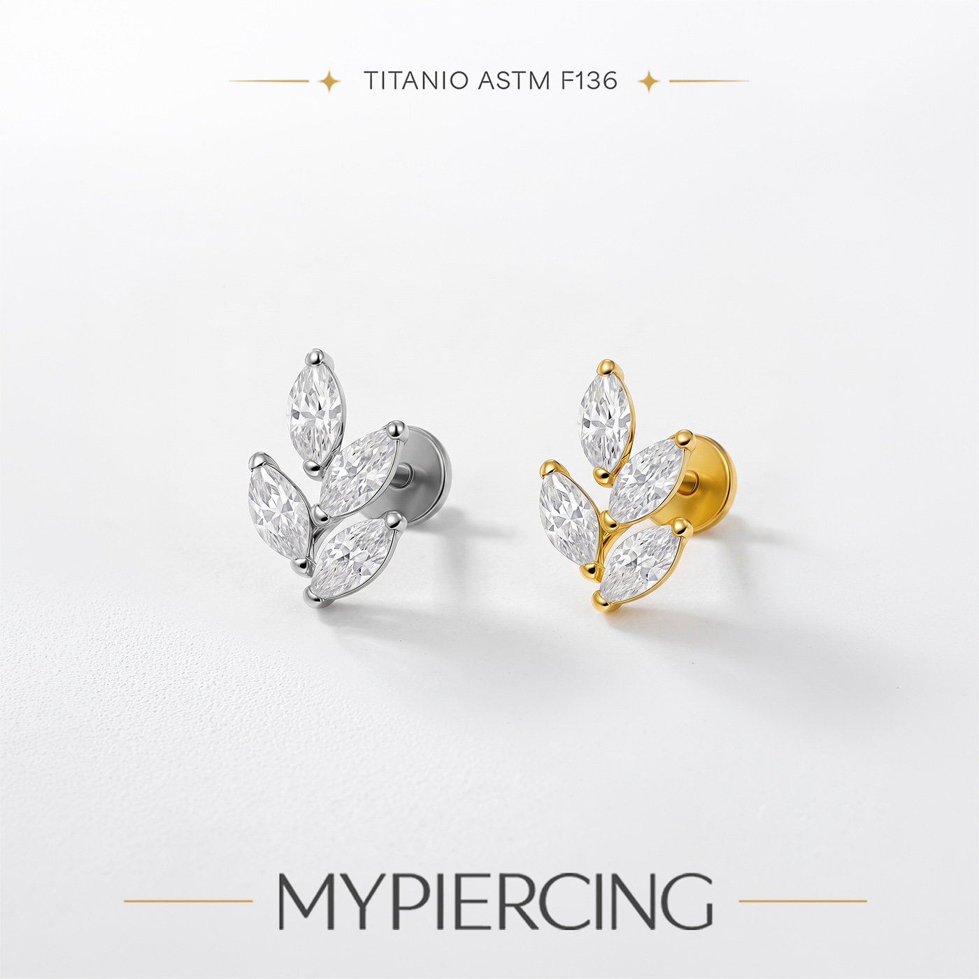 Labret Ramo di Foglie in Titanio ASTM F136 con Zirconi