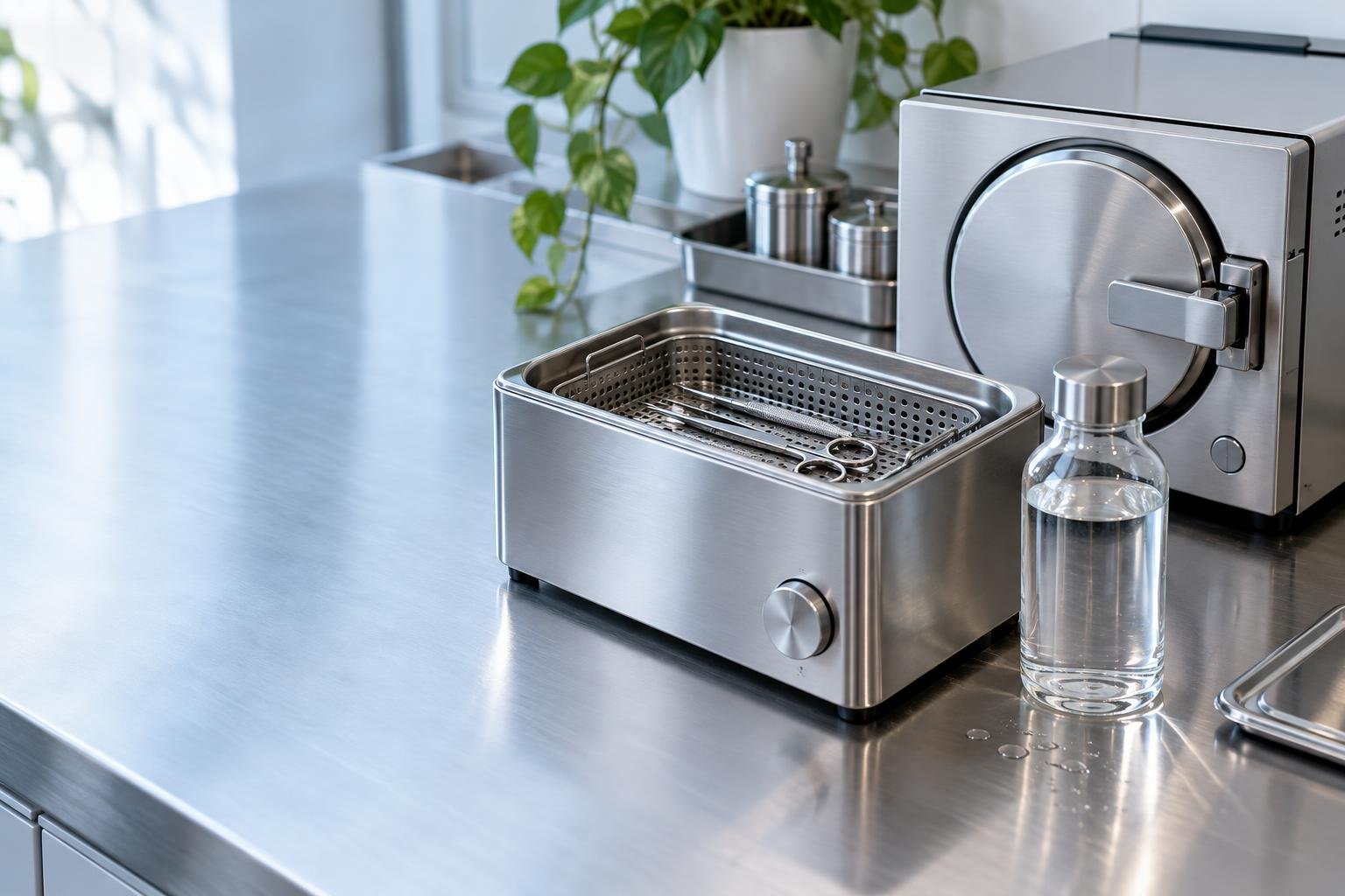 Banho de ultrassons com instrumentos reutilizáveis e autoclave de bancada junto a um frasco de água sem rótulo.