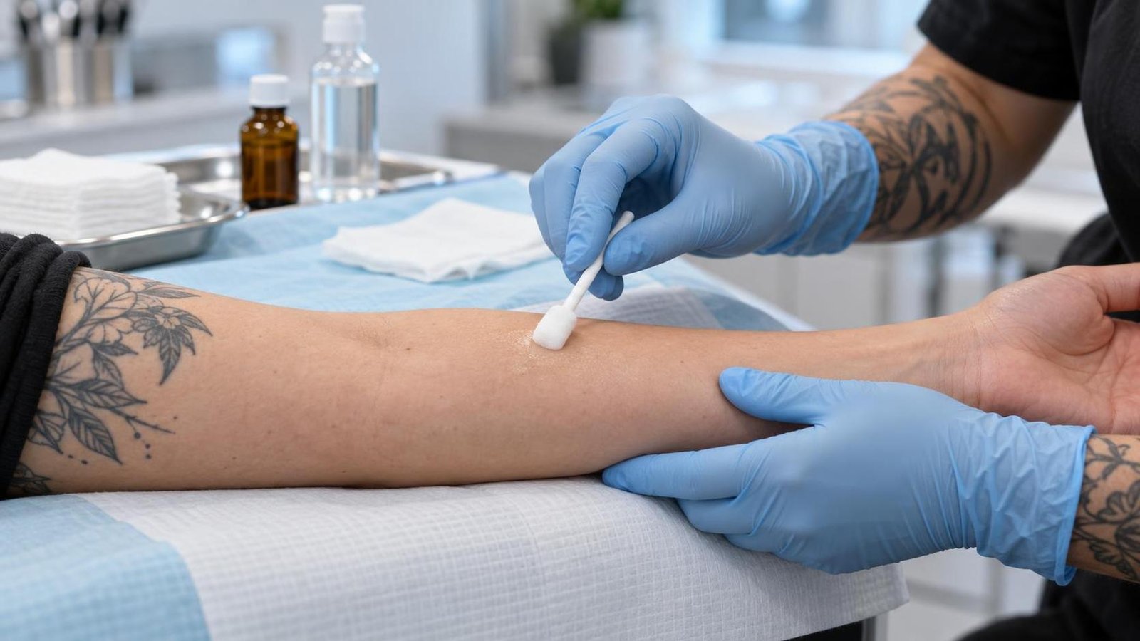 Profissional com luvas aplica um antisséptico na pele do antebraço com uma compressa descartável.