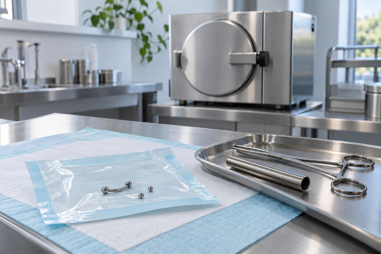 Autoclave de bancada junto a uma embalagem de esterilização e a instrumentos e joias de piercing