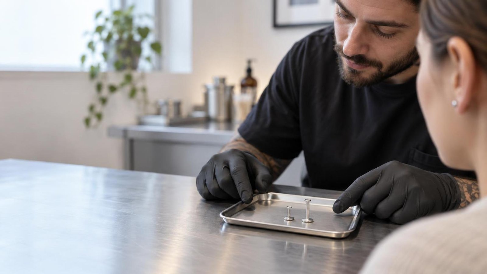 Piercer valuta il piercing all’orecchio di una cliente durante un controllo in studio.