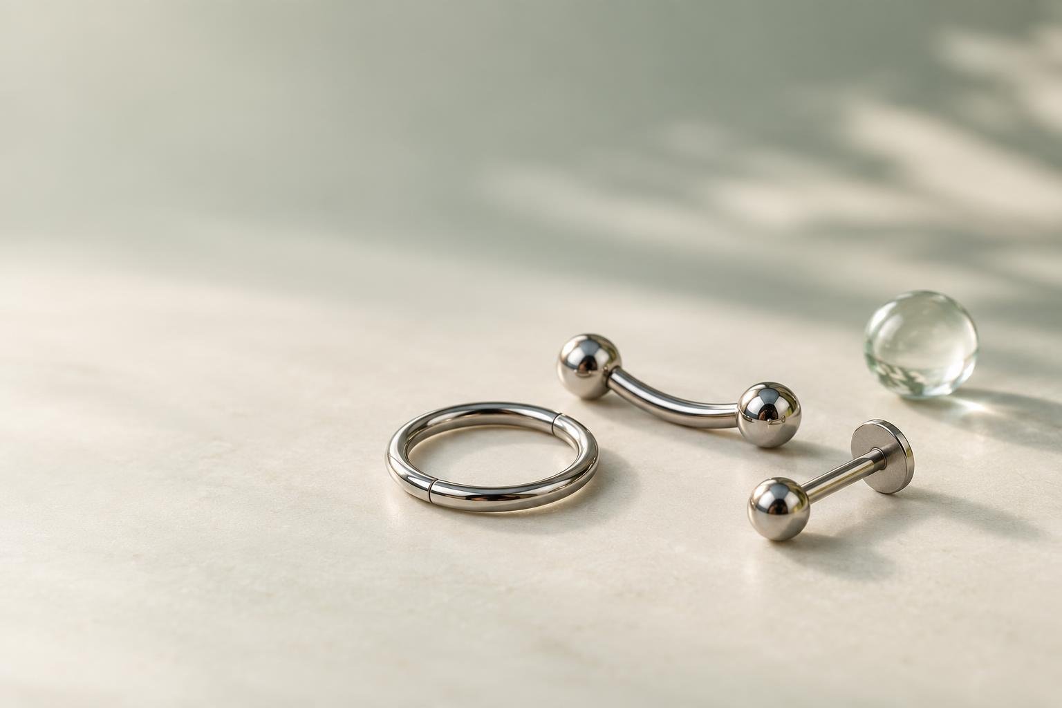 Joias de piercing em metal brilhante e um pequeno elemento transparente dispostos sobre uma superfície clara