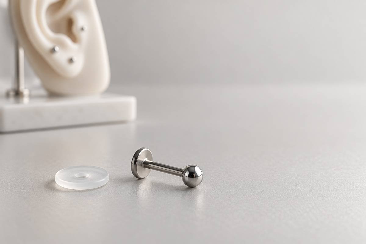 Disco translúcido de silicone junto a uma joia flat-back para piercing