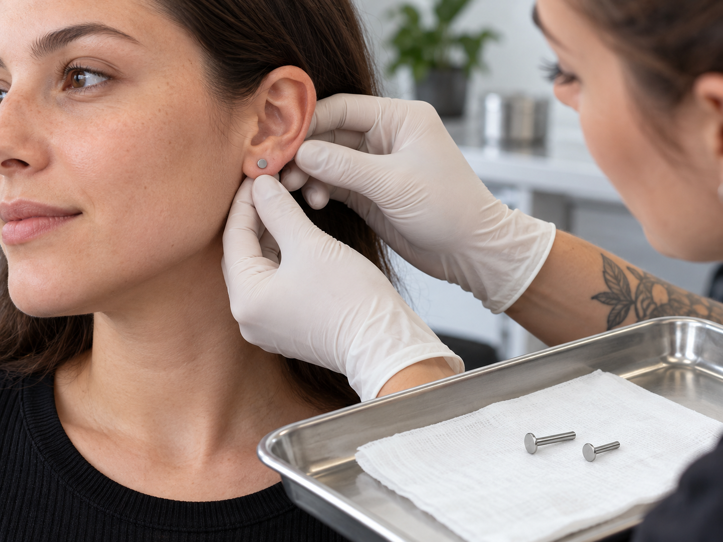 Piercer compara duas hastes de joia com pinos de comprimentos diferentes durante a avaliação do downsize.