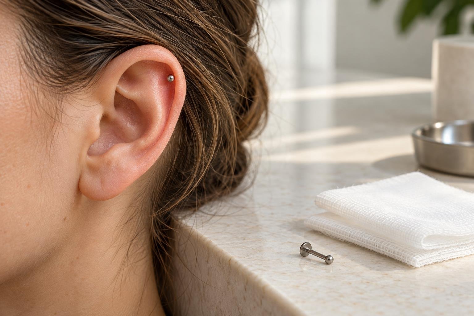 Fotografia de uma orelha com um piercing e de uma joia pousada numa superfície; não representa um caso clínico