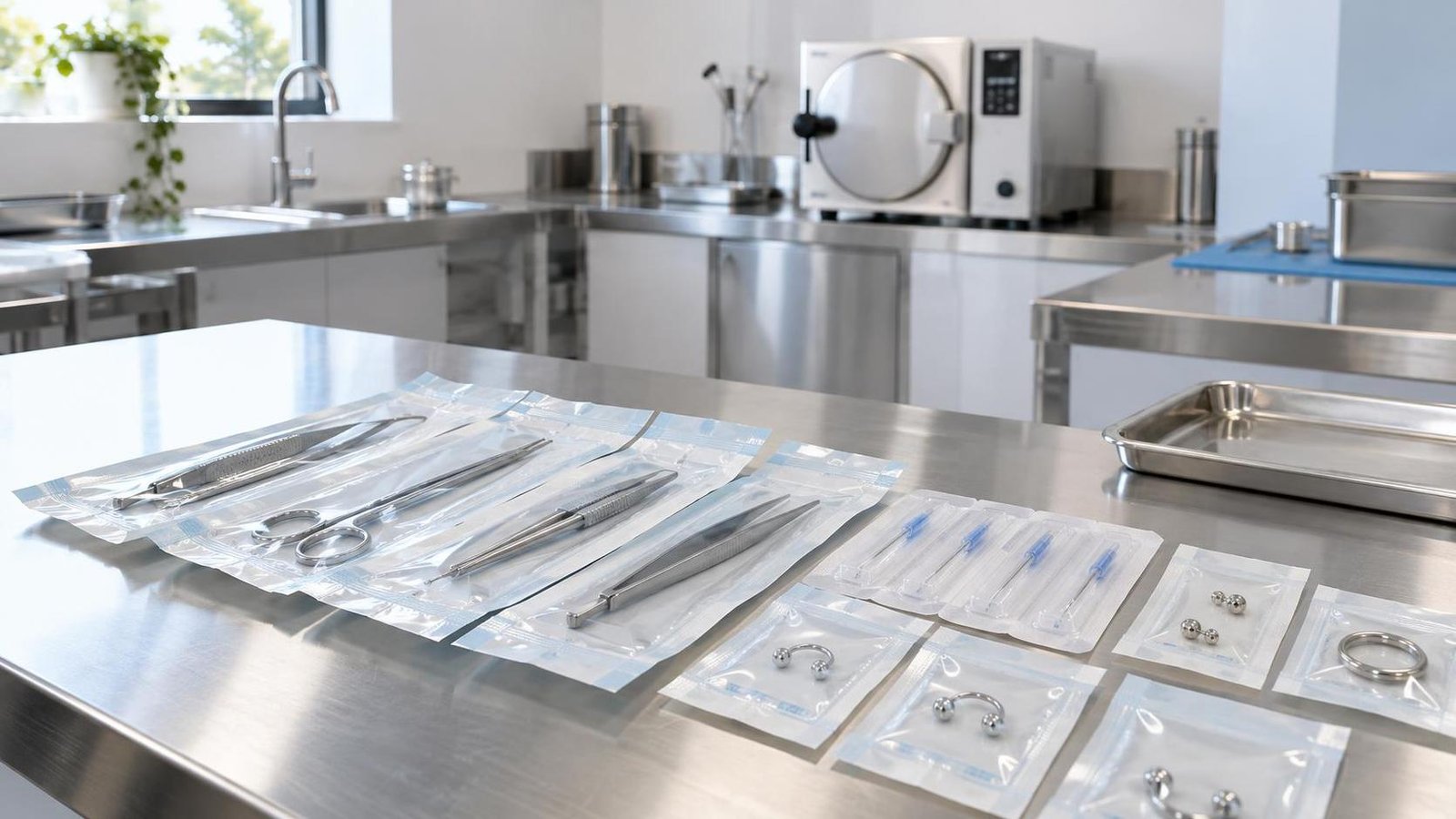 Posto de trabalho organizado num estúdio de piercing, com instrumentos esterilizados em bolsas e um esterilizador a vapor ao fundo.