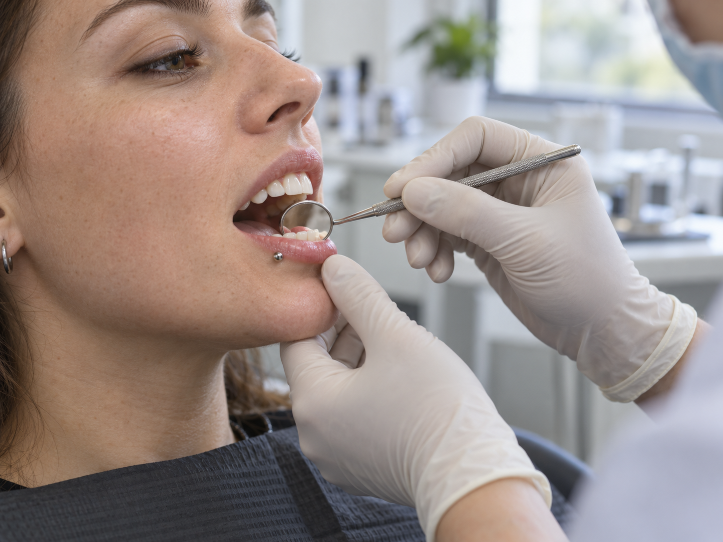 Médico dentista observa os dentes e as gengivas de uma pessoa com piercing no lábio.