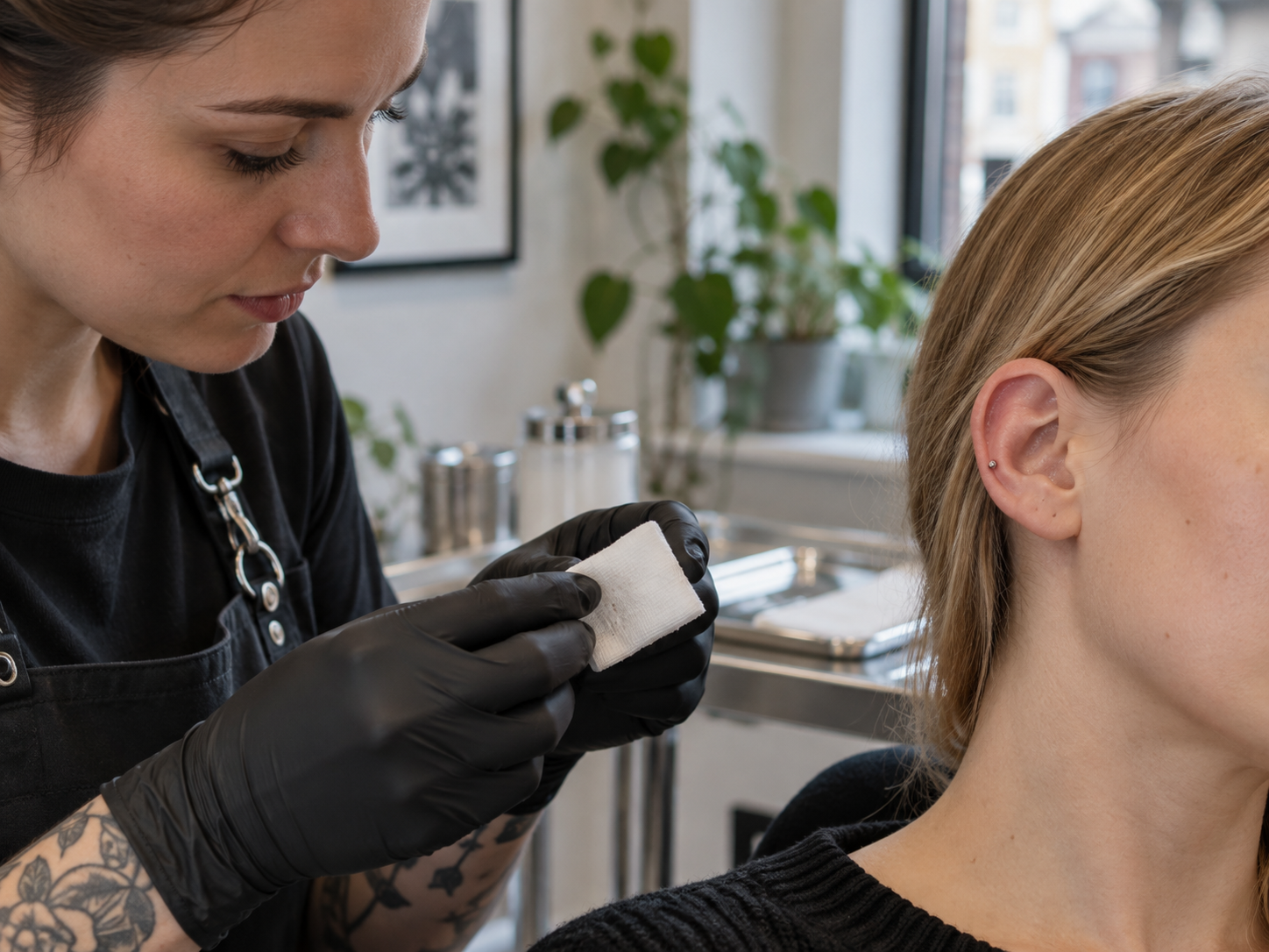 Profissional examina uma compressa limpa junto a um piercing, sem sangue visível.
