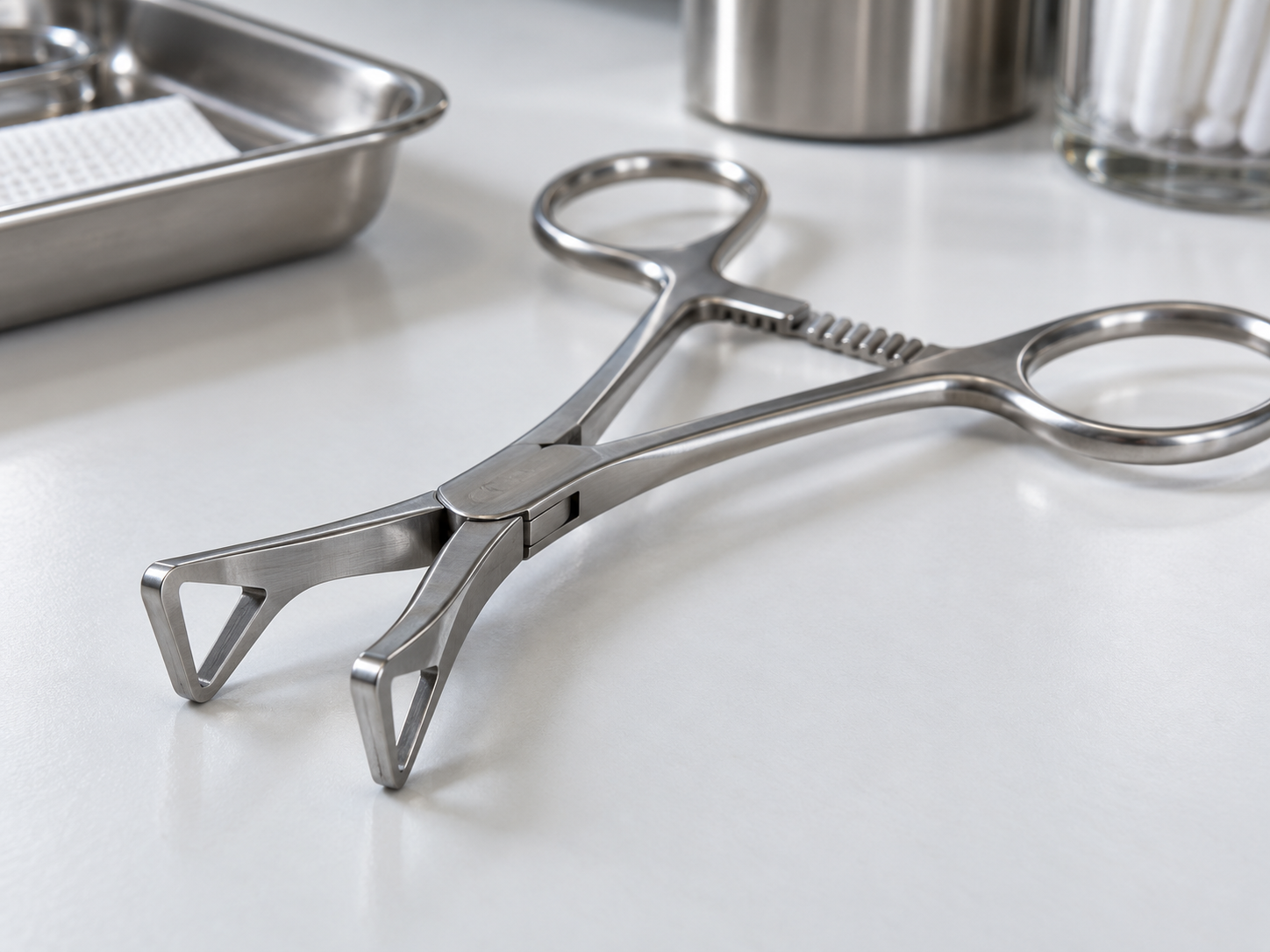 Pinça para piercing com as mandíbulas triangulares abertas, pousada sobre uma superfície limpa.