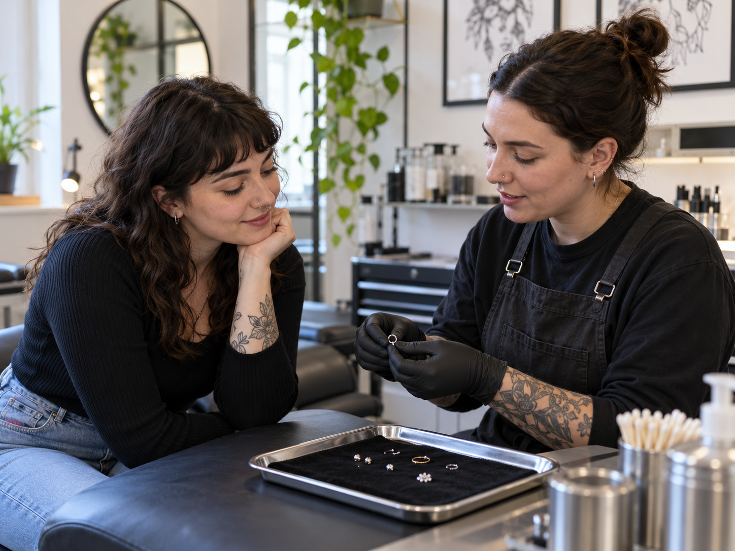 Piercer e cliente discutono la sostituzione di un gioiello in uno studio pulito.
