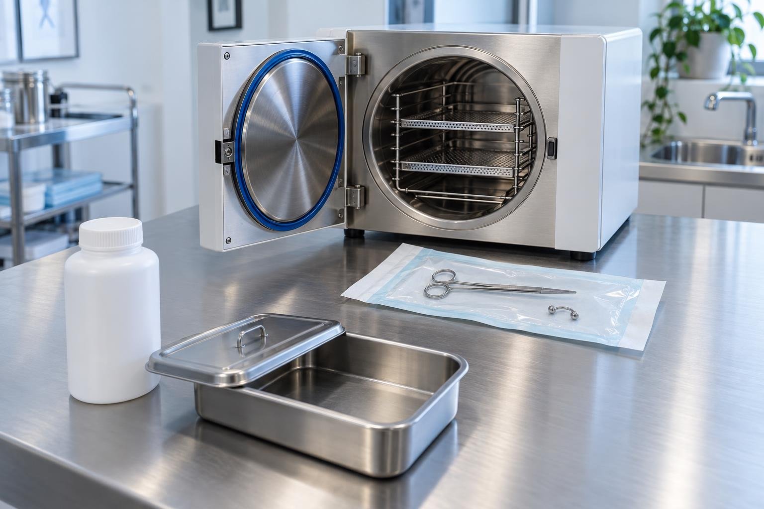 Autoclave a vapor de bancada e embalagem para esterilização junto a um recipiente químico fechado, sobre uma bancada limpa de um estúdio profissional