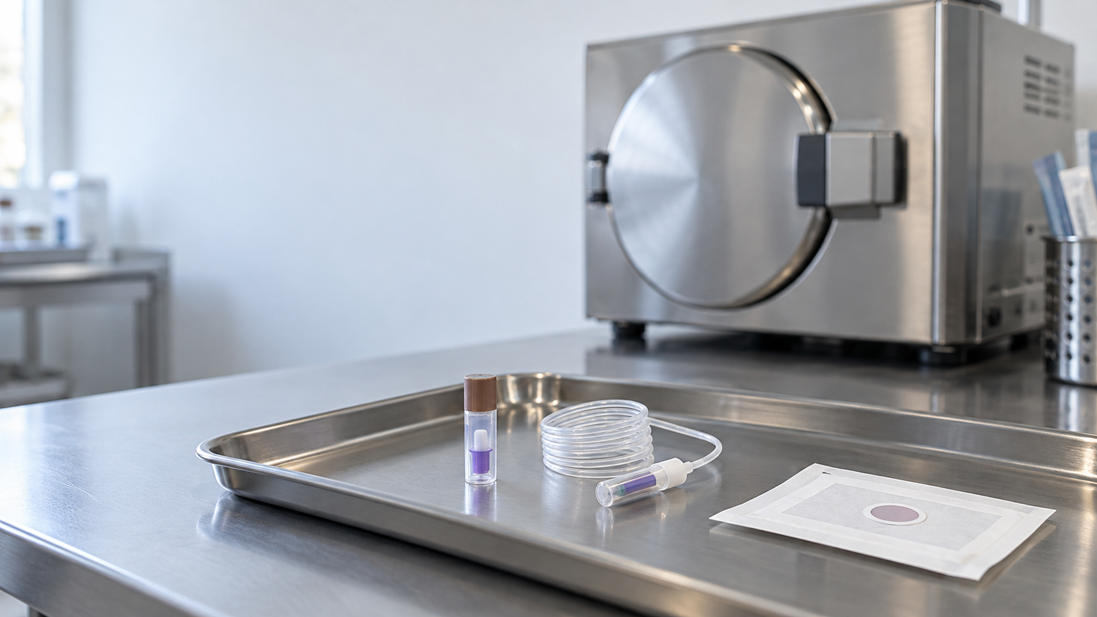 Indicatori per il controllo del ciclo accanto a una sterilizzatrice a vapore da banco.